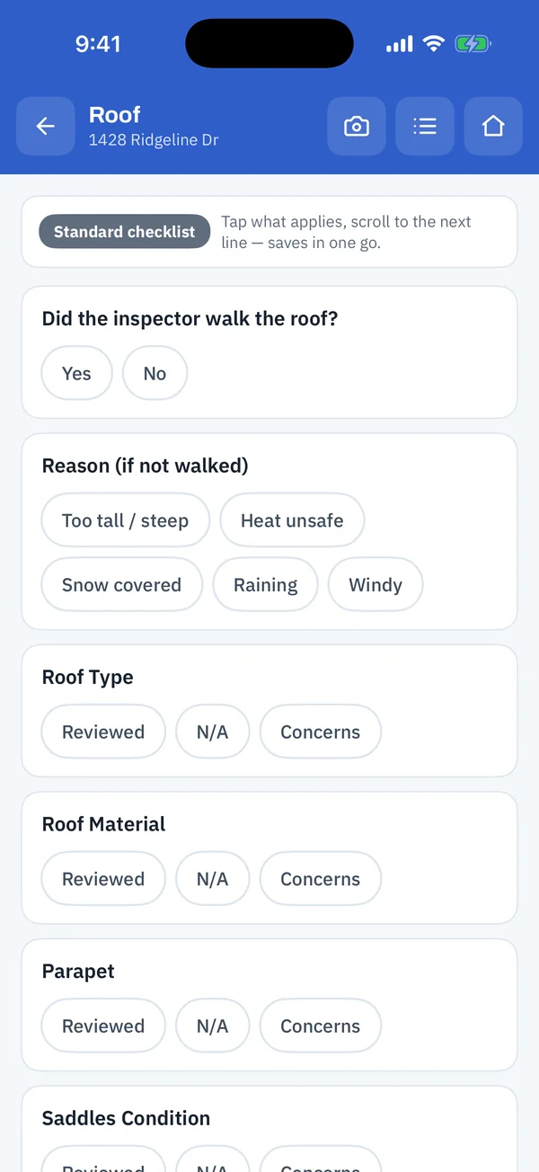 The Roof section in Standard depth with Reviewed, N/A and Concerns choices for each line