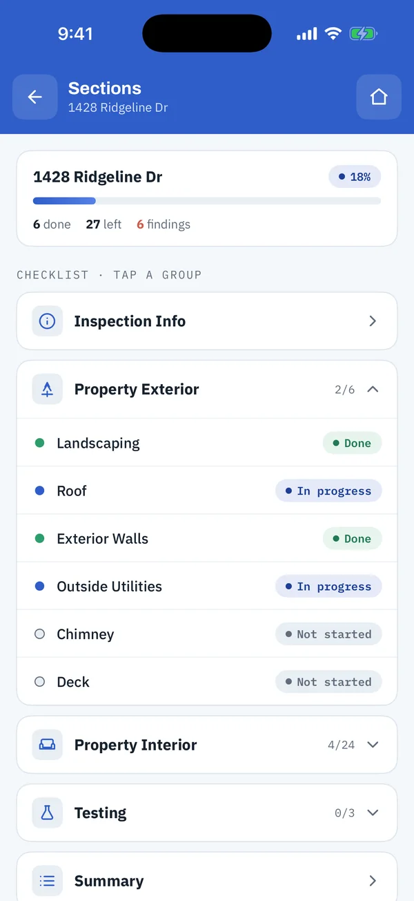 The checklist for 1428 Ridgeline Dr with sections marked Done, In progress or Not started
