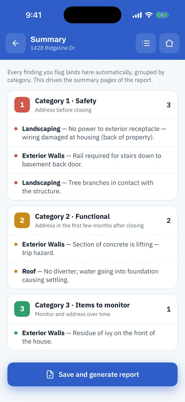 VIMS Summary screen on iPhone: findings for 1428 Ridgeline Dr grouped as Category 1 Safety, Category 2 Functional and Category 3 Items to monitor