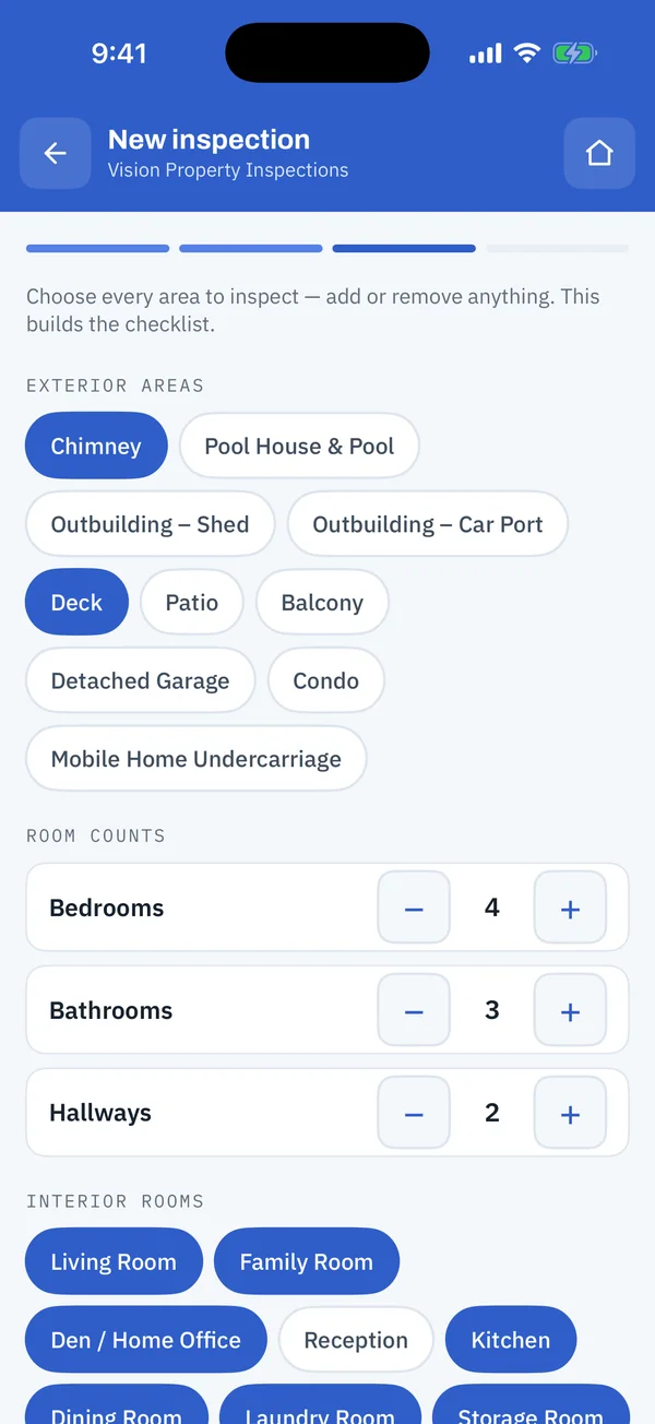 New inspection step 3: choosing exterior areas such as Chimney and Deck, and room counts for bedrooms, bathrooms and hallways