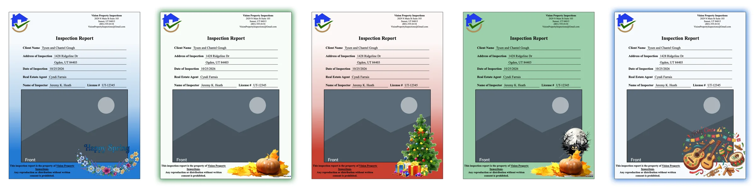 Five VIMS report covers for the same inspection, each with a different color and theme picture: Spring, Fall, Christmas, Halloween and Cinco de Mayo