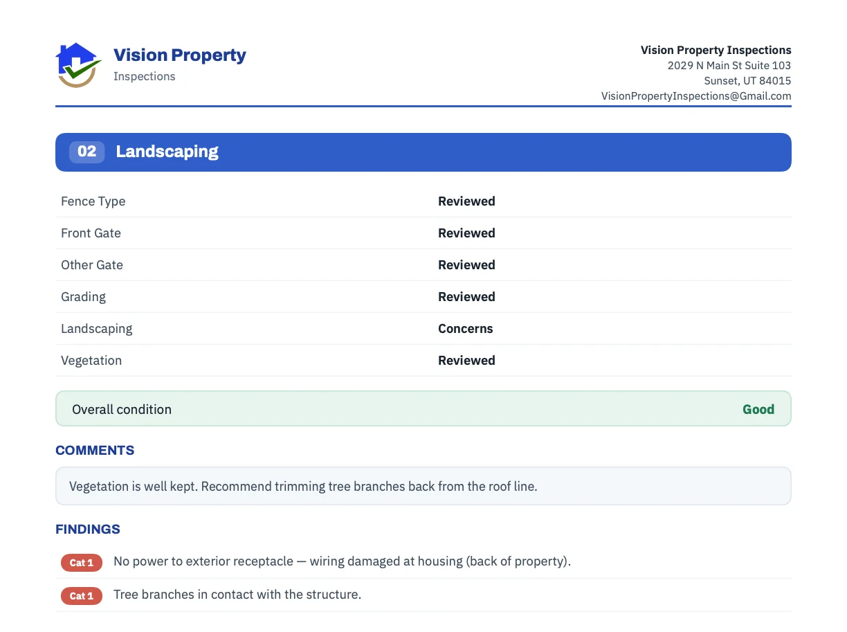 Report page 4, Landscaping: each line marked Reviewed or Concerns, the overall condition, comments and two findings